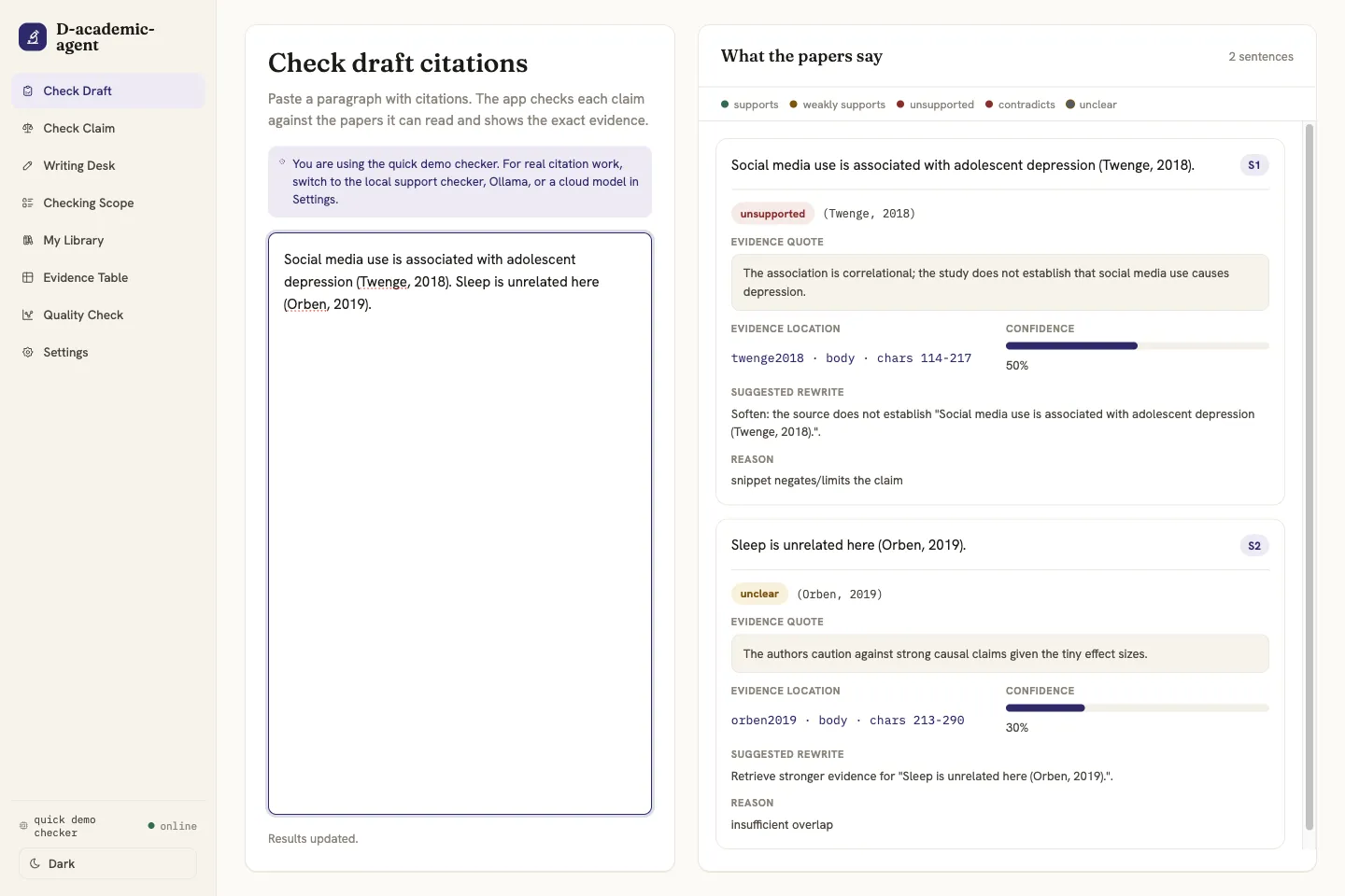 D-academic-agent citation audit workspace with evidence verdicts