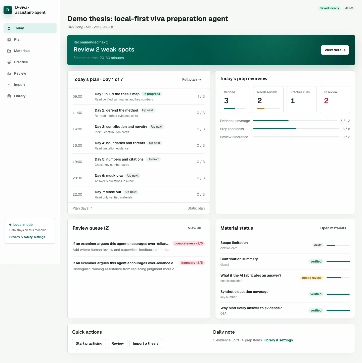 D-viva-assistant-agent practice workspace with examiner question, scoring, and evidence-linked revision