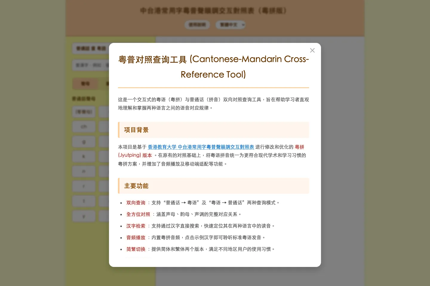 Cantonese-Mandarin cross-reference tool usage instructions explaining lookup modes and features