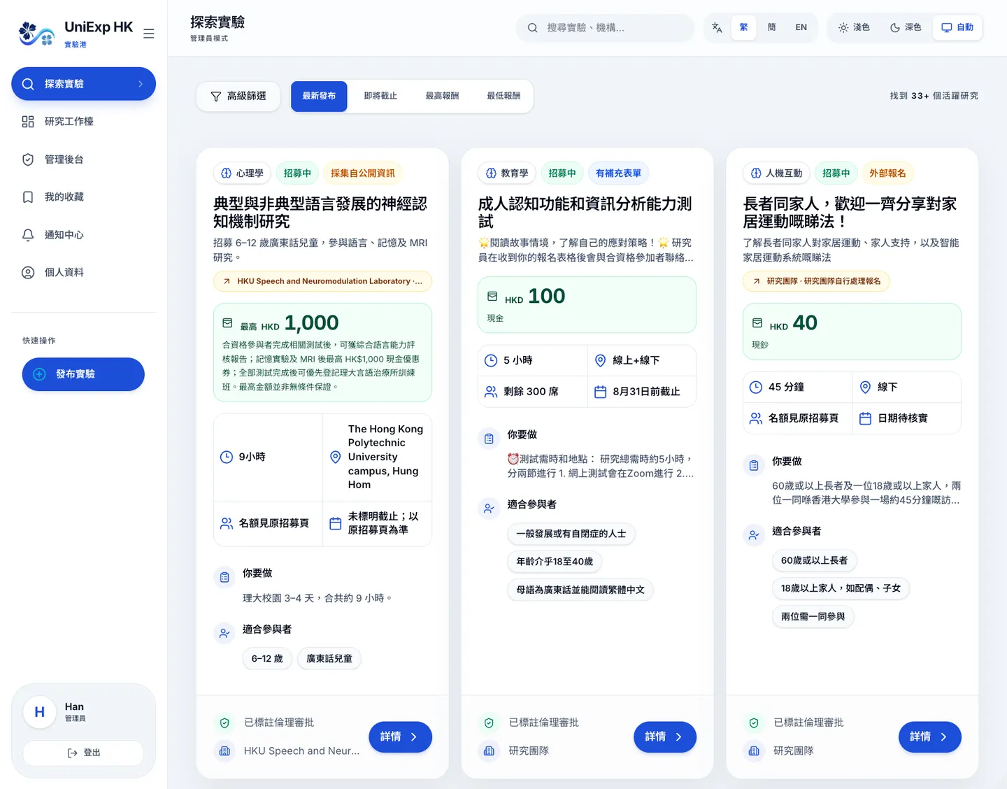 UniExp HK 实验港研究浏览页（管理员登录状态）：侧栏列出探索实验、研究工作台、管理后台、我的收藏、通知中心与个人资料，右侧为研究卡片与筛选