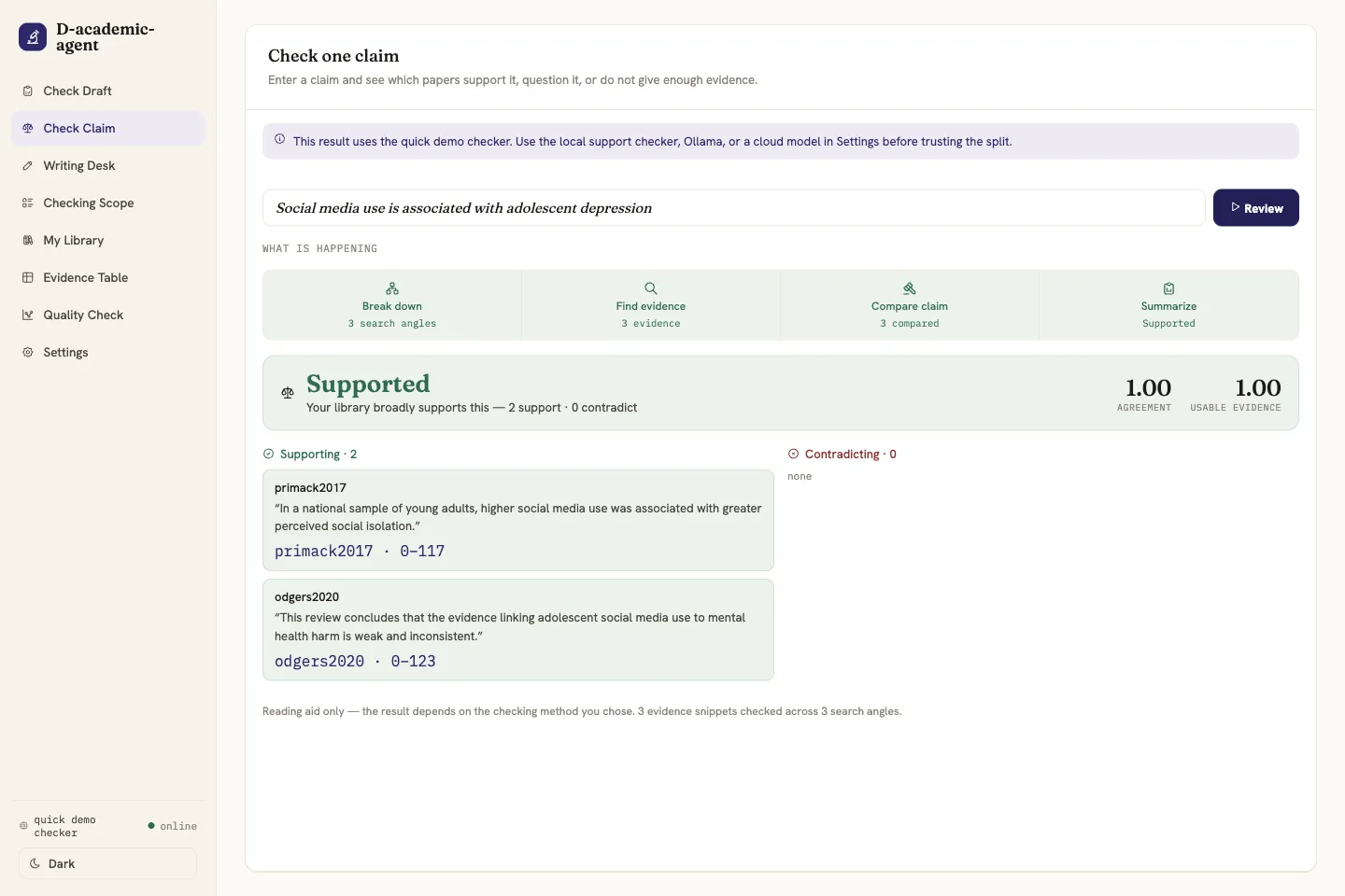 D-academic-agent single-claim checking screen with verdict and retrieved evidence