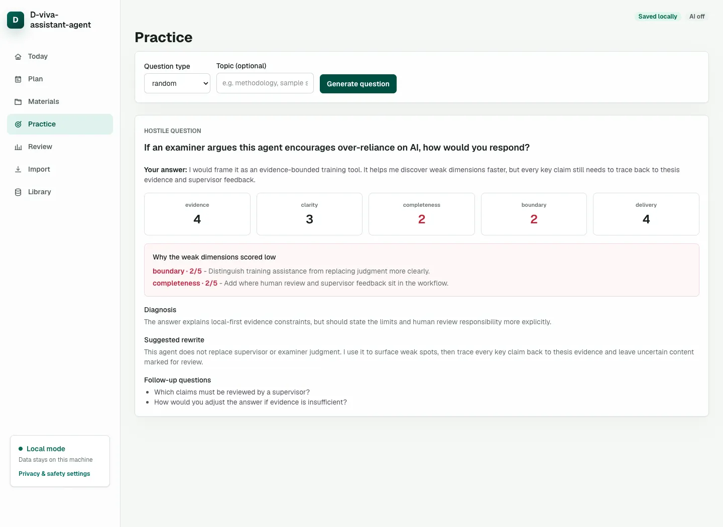 D-viva-assistant-agent live practice screen with thesis-grounded examiner prompt
