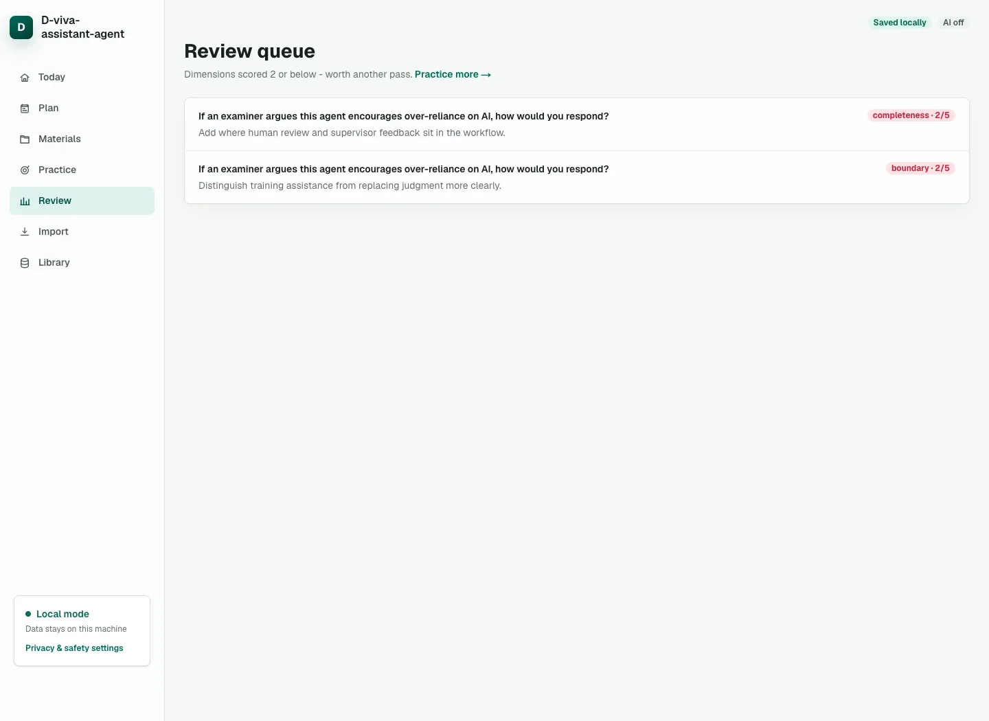 D-viva-assistant-agent review queue with weak answers and revision tasks