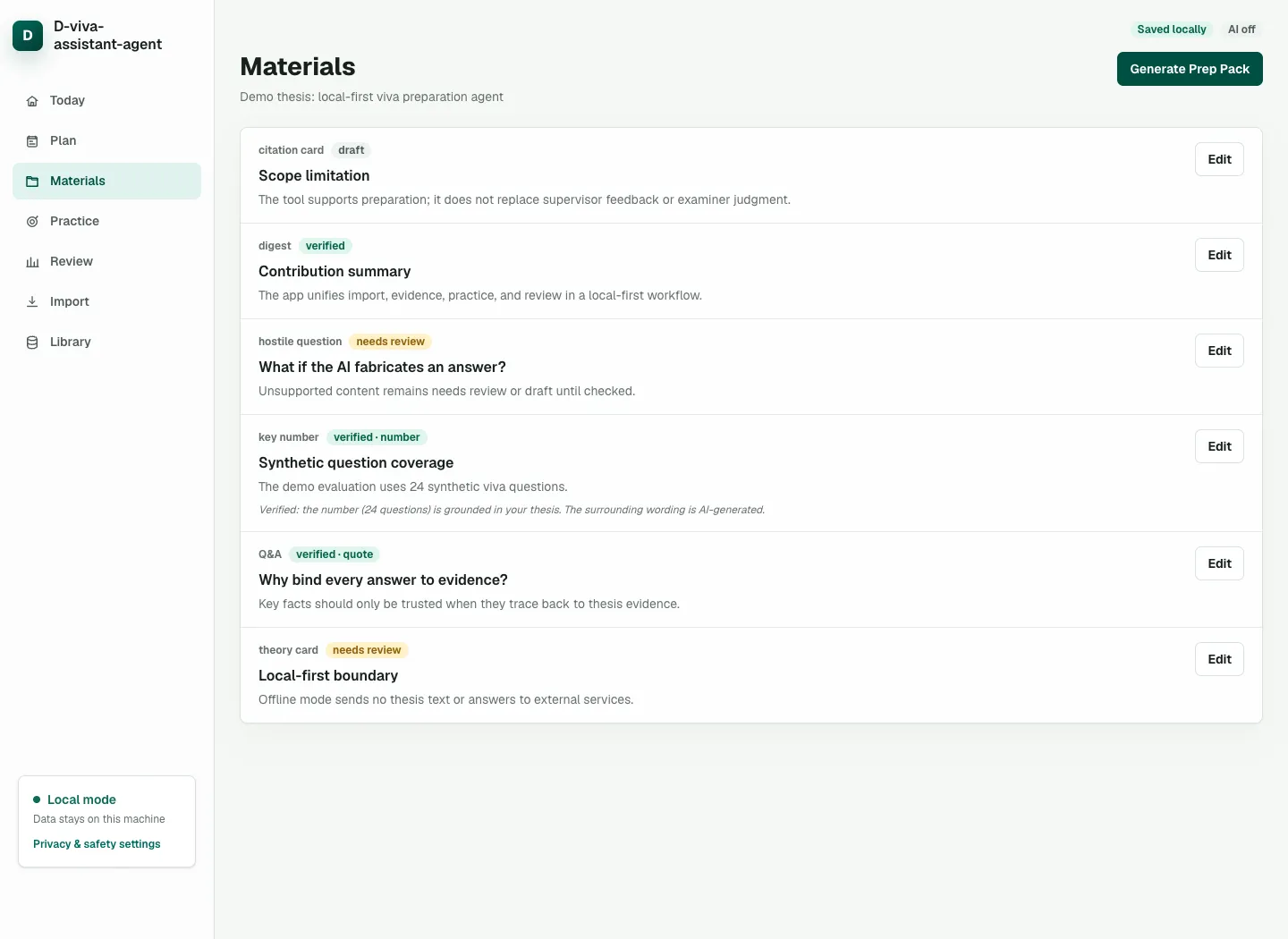 D-viva-assistant-agent study materials screen with evidence-linked preparation cards