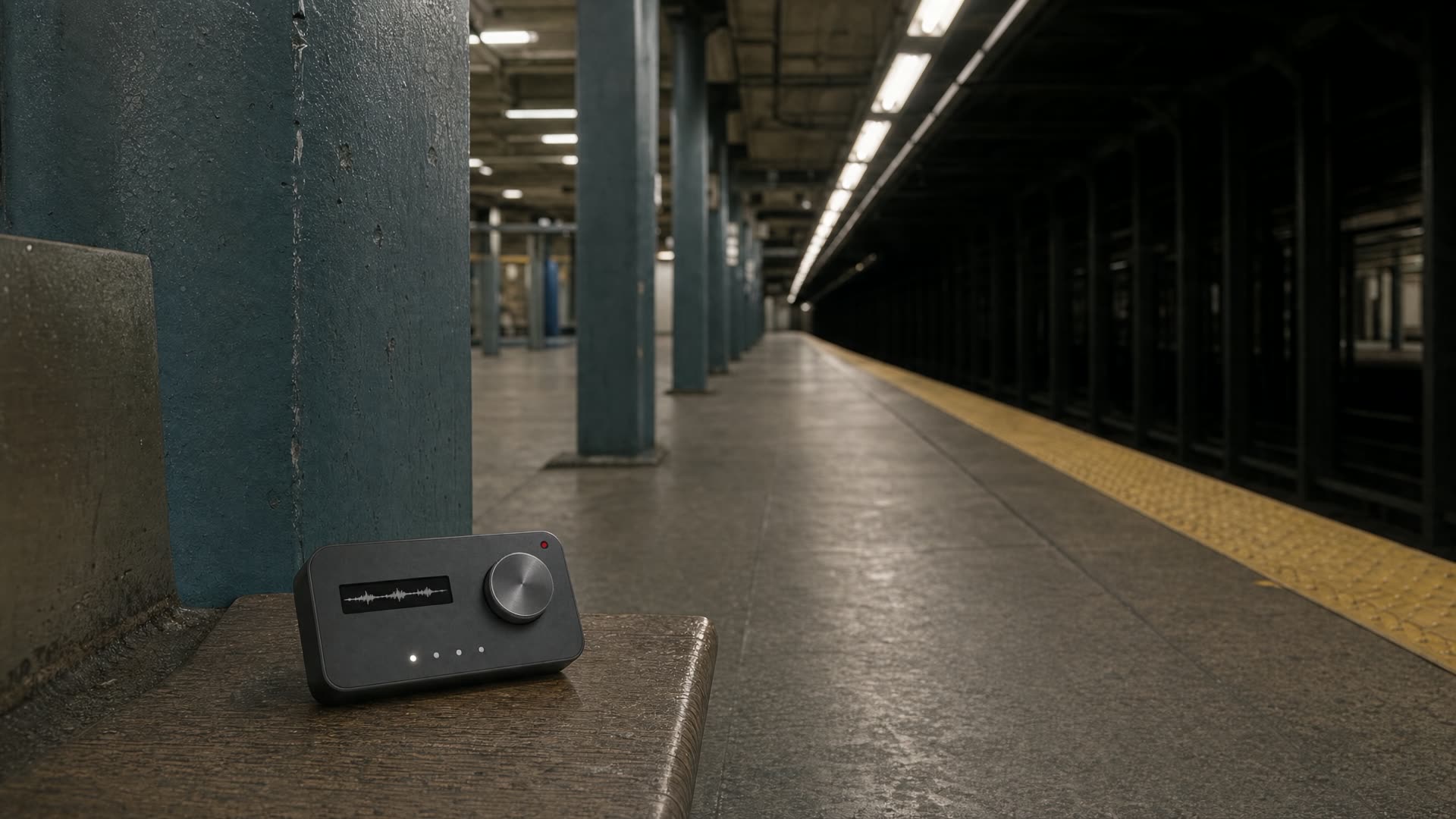 An empty subway platform after the train has left, the recorder on the ledge.