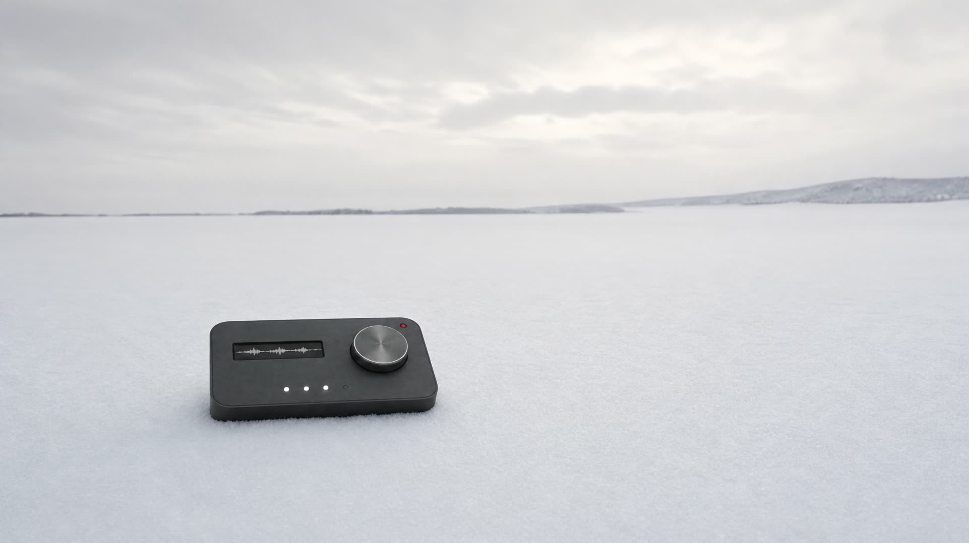 An open snowfield under an overcast sky, the recorder half-buried in the snow.