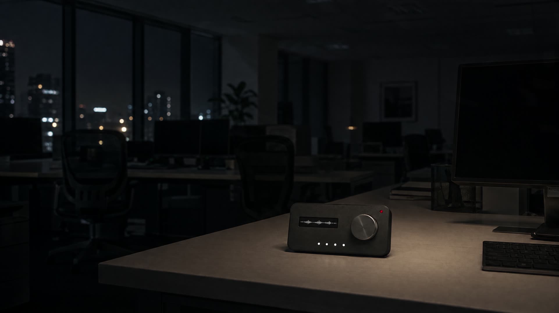 A dark office at night, city lights outside, the recorder on an empty desk.